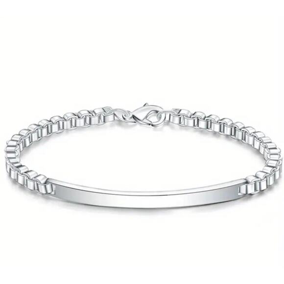 925 Sterling Silver Plated Bracelet Unisex Curved Bar on Box Chain NWT - Picture 2 of 5